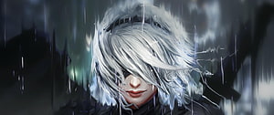 NieR: Automata 2B Portrait in Heavy Rain with Silver Hair and Dark Atmosphere HD wallpaper