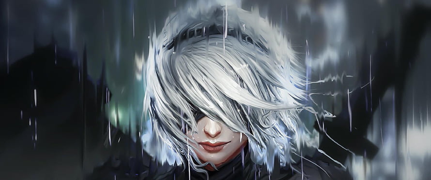 NieR: Automata 2B Portrait in Heavy Rain with Silver Hair and Dark Atmosphere HD wallpaper