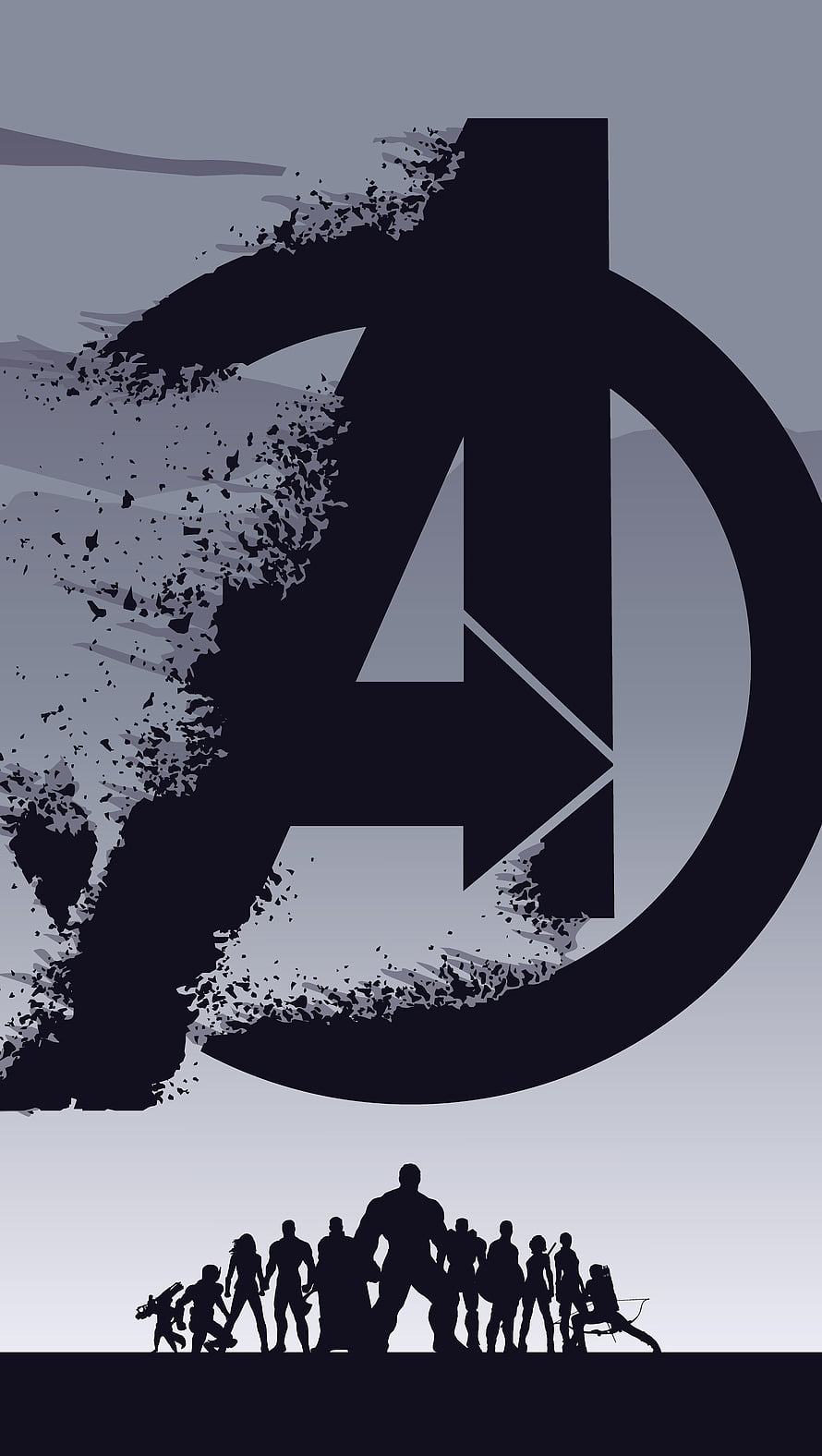 Avengers Endgame Minimalist Logo with Team Silhouettes and Shattered Ink Effect HD phone wallpaper