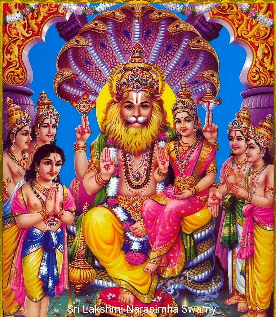 Sri Lakshmi Narasimha Swamy Hindu Deity Wallpaper with Serpent Hood and Devotees HD phone wallpaper