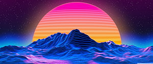Retro 80s Synthwave Sunset Over Neon Wireframe Mountains and Starry Sky HD wallpaper