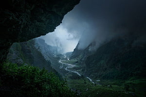 Misty Mountain Valley View From Cave Opening With Winding River HD wallpaper