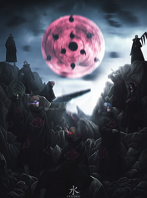 Akatsuki members standing on rocky cliffs beneath the massive red Rinnegan moon in a dark anime scene HD phone wallpaper