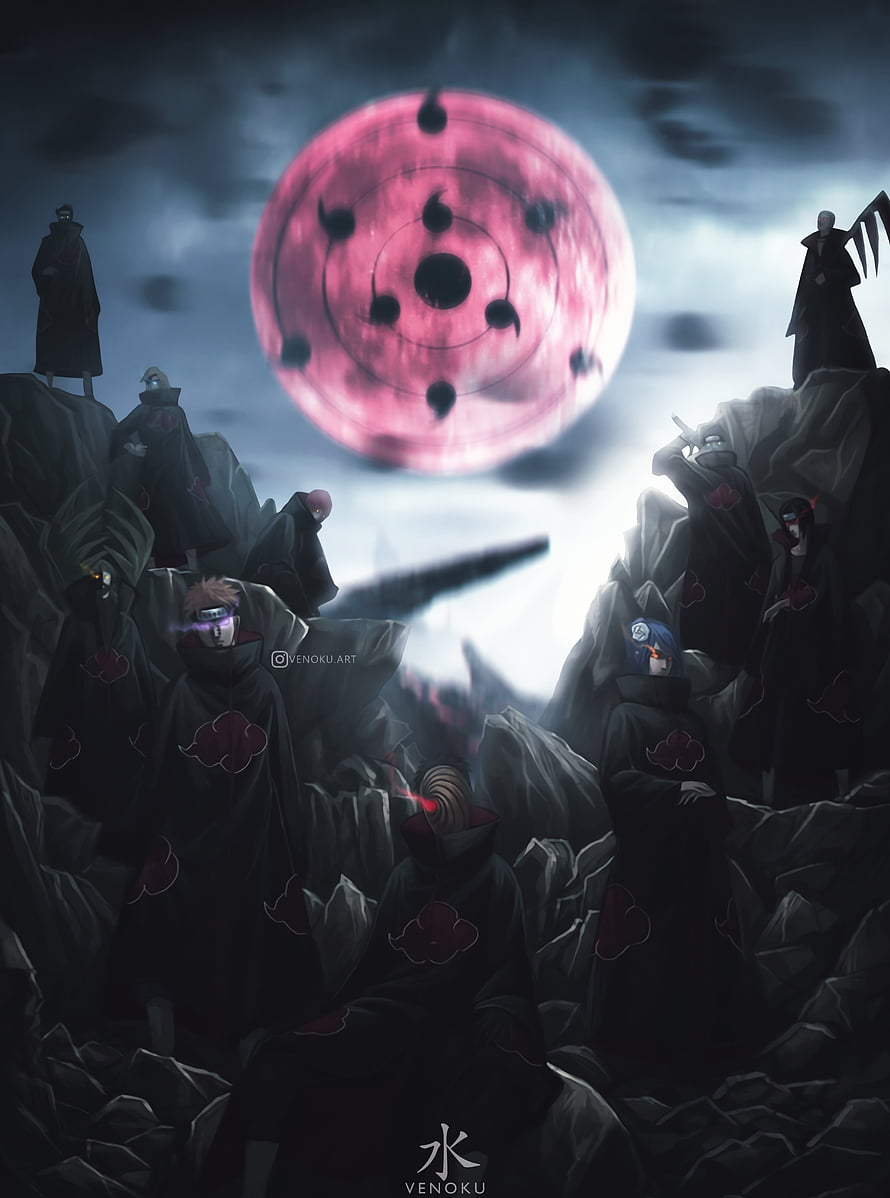 Akatsuki members standing on rocky cliffs beneath the massive red Rinnegan moon in a dark anime scene HD phone wallpaper