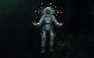Astronaut floating in dark space with glowing butterflies emerging from helmet HD wallpaper