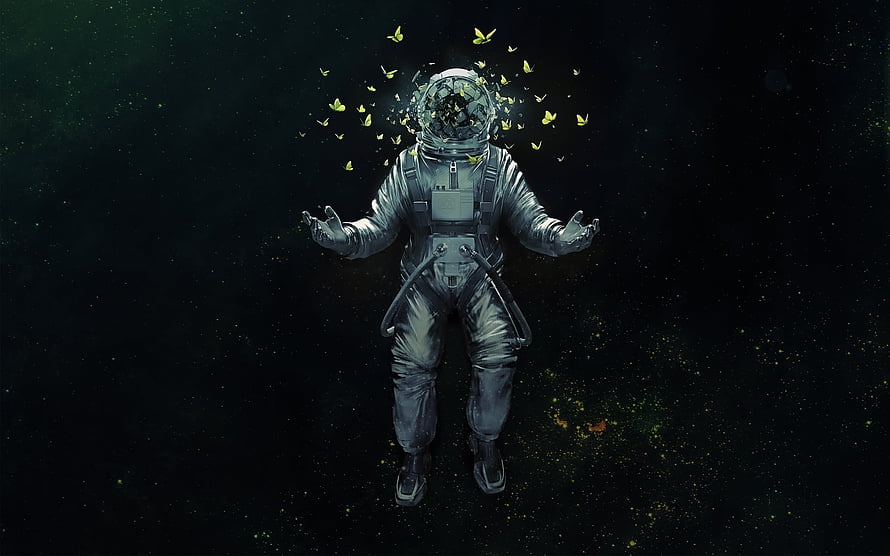 Astronaut floating in dark space with glowing butterflies emerging from helmet HD wallpaper