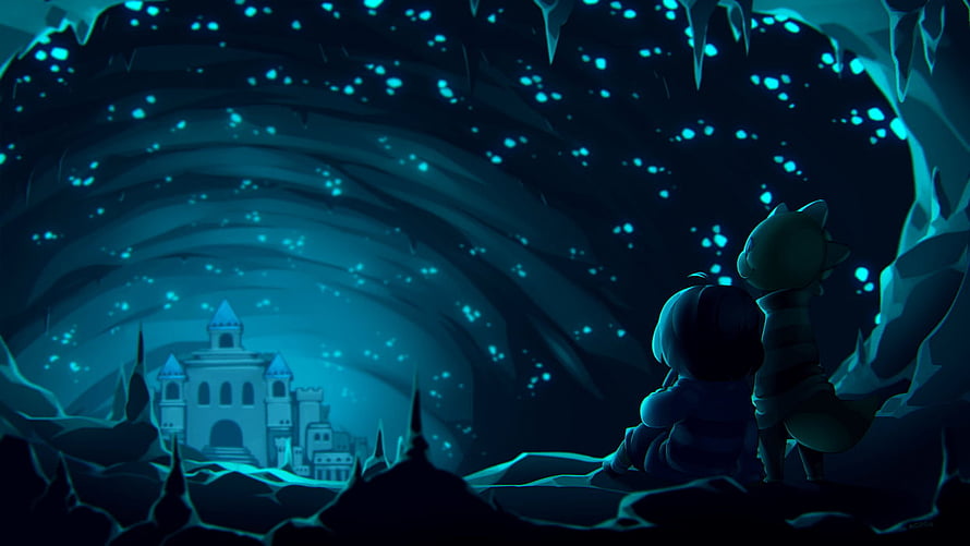 Undertale Waterfall Scene with Castle and Characters in a Glowing Cave HD wallpaper