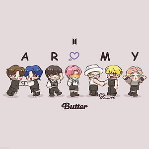 Cute Chibi BTS Butter Era Wallpaper with ARMY Text and Kpop Boy Band Illustration HD phone wallpaper