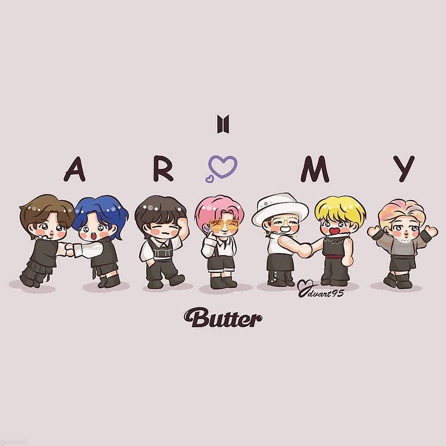 Cute Chibi BTS Butter Era Wallpaper with ARMY Text and Kpop Boy Band Illustration HD phone wallpaper