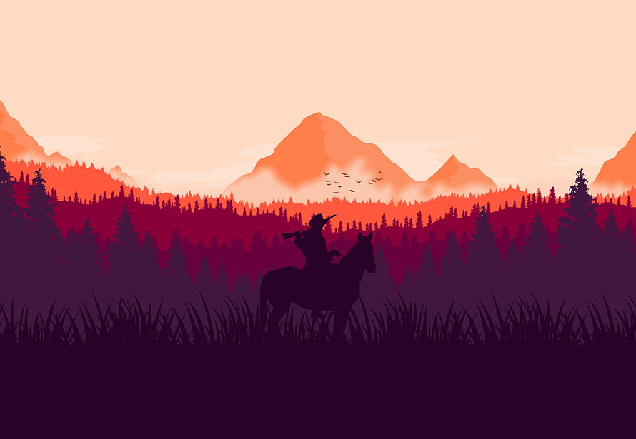 Red Dead Redemption 2 Western Silhouette of a Cowboy on Horseback at Sunset HD wallpaper