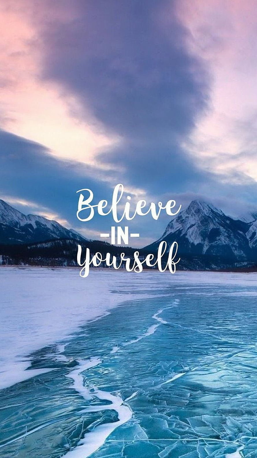 Frozen Lake and Snowy Mountains at Dusk with Inspirational Quote Overlay HD phone wallpaper
