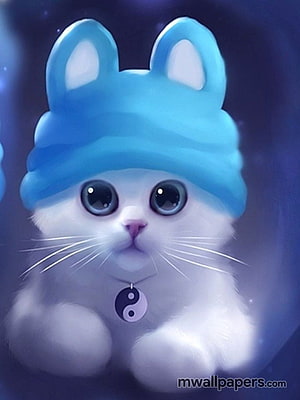 Cute White Kitten Wearing Blue Bunny Hat With Yin Yang Pendant HD phone wallpaper