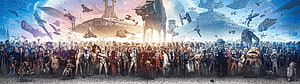 Star Wars Saga Character Ensemble with Spaceships and AT-AT Walkers HD wallpaper