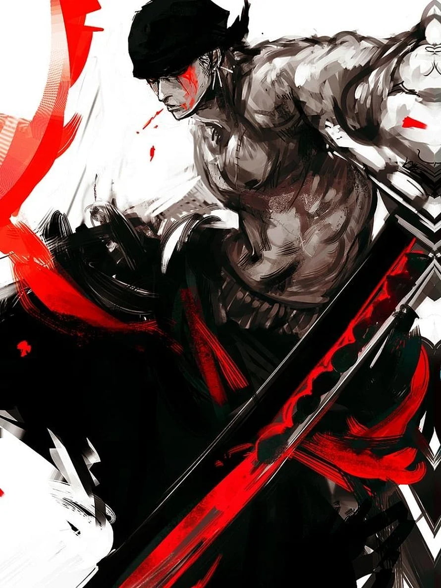 Roronoa Zoro Wielding Three Swords in Dynamic Anime Illustration HD phone wallpaper