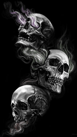 Dark Digital Art of Three Smoky Skulls with Purple and Green Mist HD phone wallpaper