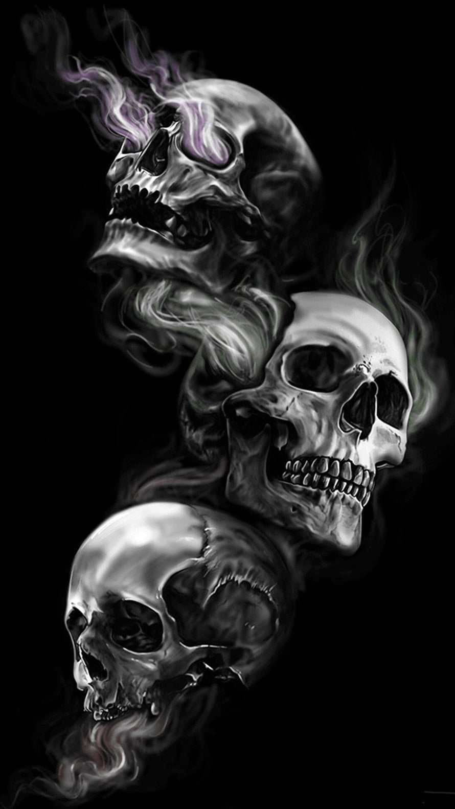 Dark Digital Art of Three Smoky Skulls with Purple and Green Mist HD phone wallpaper
