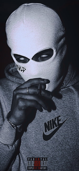 Masked Figure in Grey Nike Hoodie with Parental Advisory Label HD phone wallpaper
