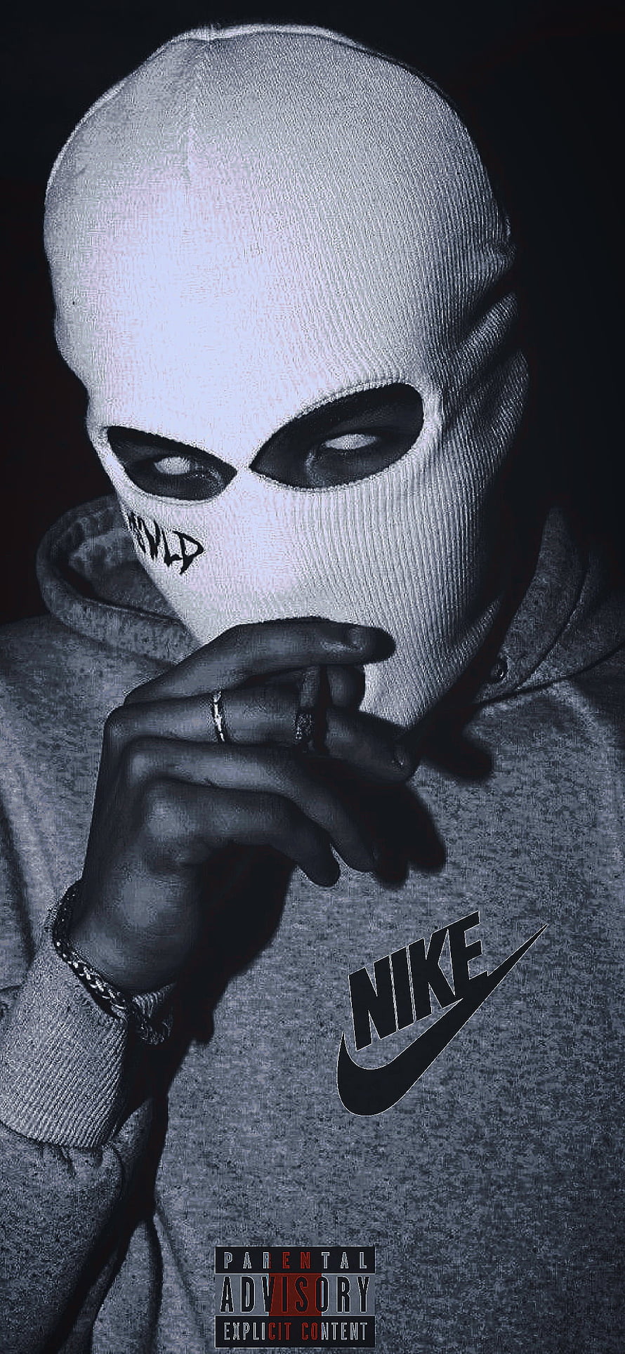 Masked Figure in Grey Nike Hoodie with Parental Advisory Label HD phone wallpaper