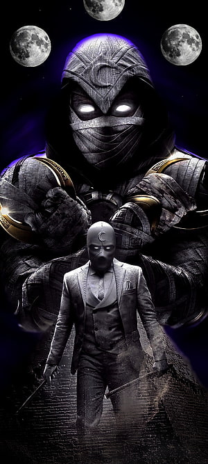 Moon Knight Marvel Character Artwork with Three Moons and Dual Personas HD phone wallpaper