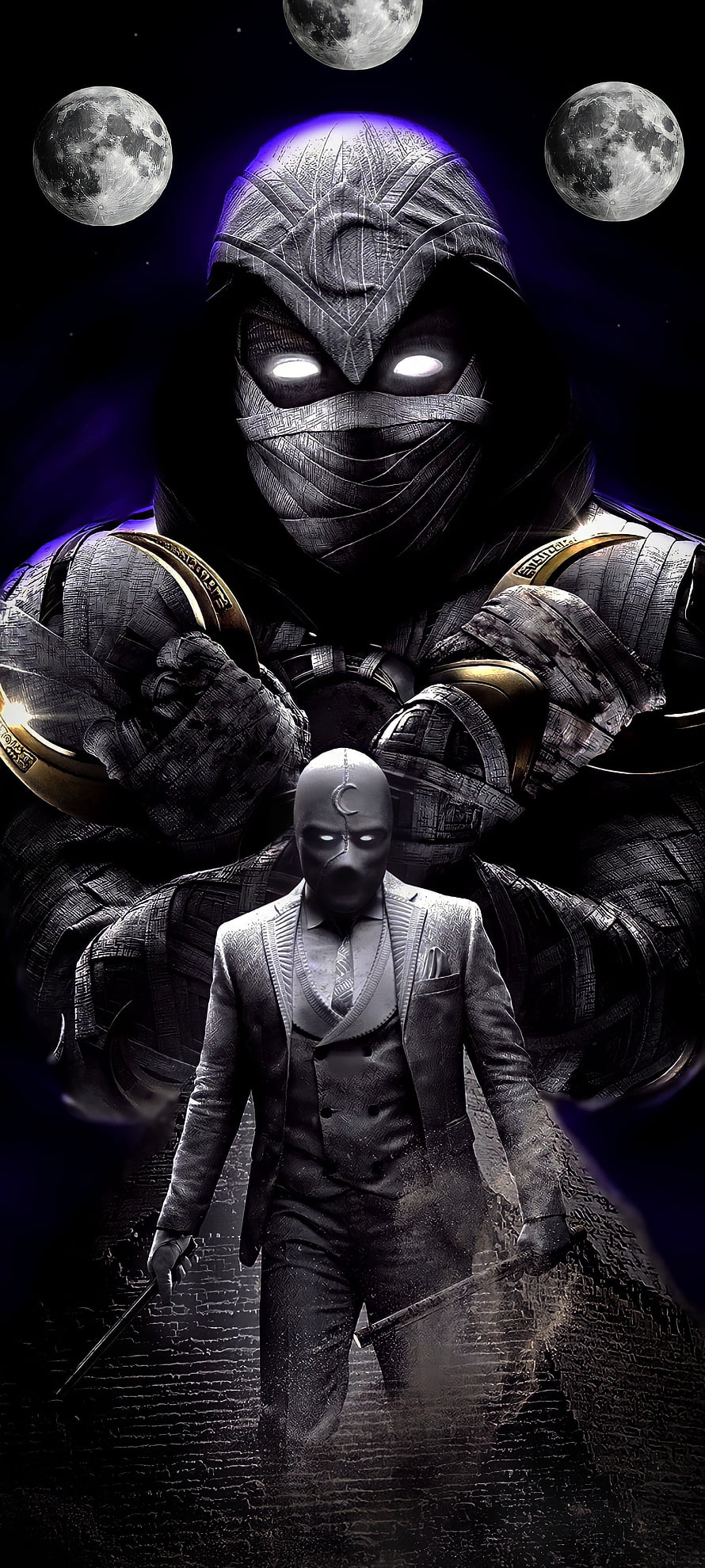 Moon Knight Marvel Character Artwork with Three Moons and Dual Personas HD phone wallpaper