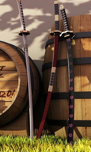 Demon Slayer Nichirin Swords Cosplay Props Leaning Against Wooden Barrels HD phone wallpaper