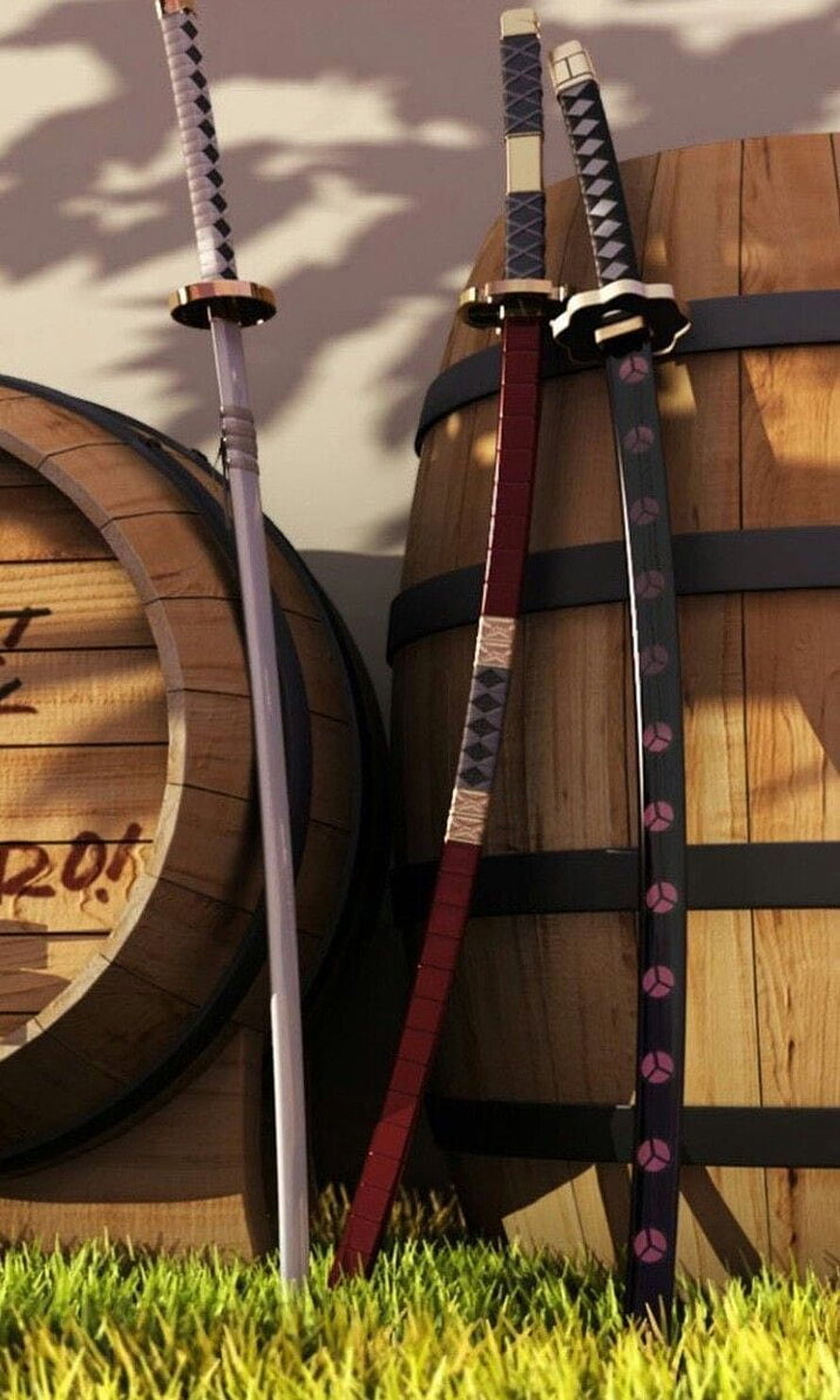 Demon Slayer Nichirin Swords Cosplay Props Leaning Against Wooden Barrels HD phone wallpaper