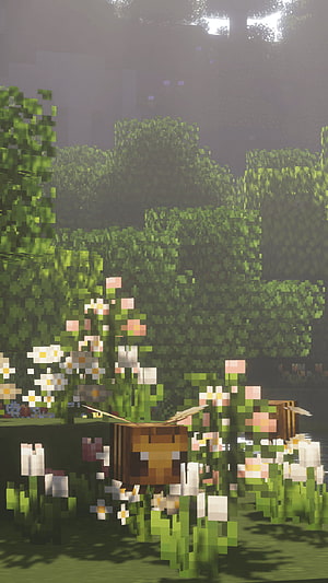 Minecraft Bee Nestled in a Lush Flower Garden with Misty Forest Background HD phone wallpaper