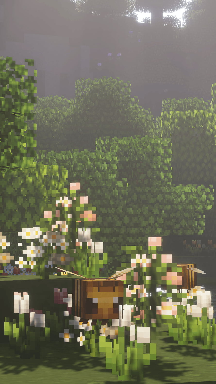 Minecraft Bee Nestled in a Lush Flower Garden with Misty Forest Background HD phone wallpaper