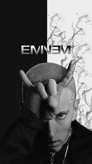 Eminem Black and White Portrait with Smoke Effect and Hand Gesture HD phone wallpaper