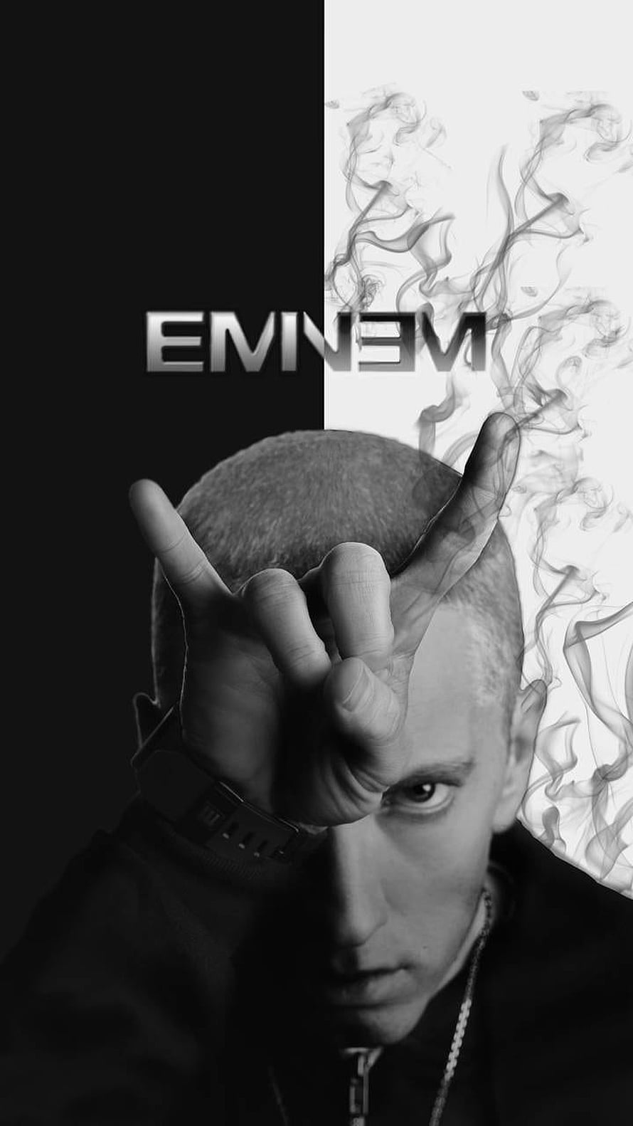 Eminem Black and White Portrait with Smoke Effect and Hand Gesture HD phone wallpaper