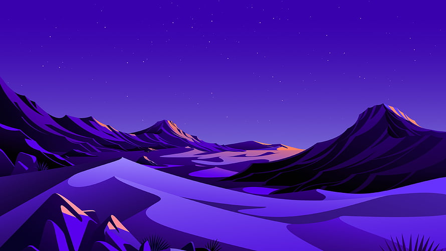 Purple Mountain Landscape Vector Art with Starry Night Sky and Desert Valley HD wallpaper