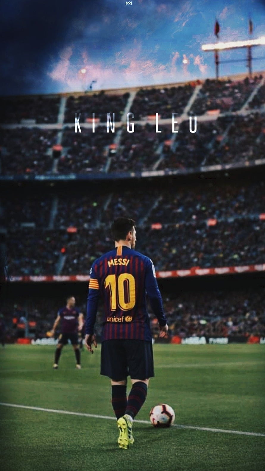 Lionel Messi in FC Barcelona Kit Walking on Pitch with King Leu Text Overlay HD phone wallpaper