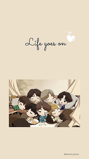 BTS Chibi Characters Sleeping Together Cozy Illustration Life Goes On Wallpaper HD phone wallpaper
