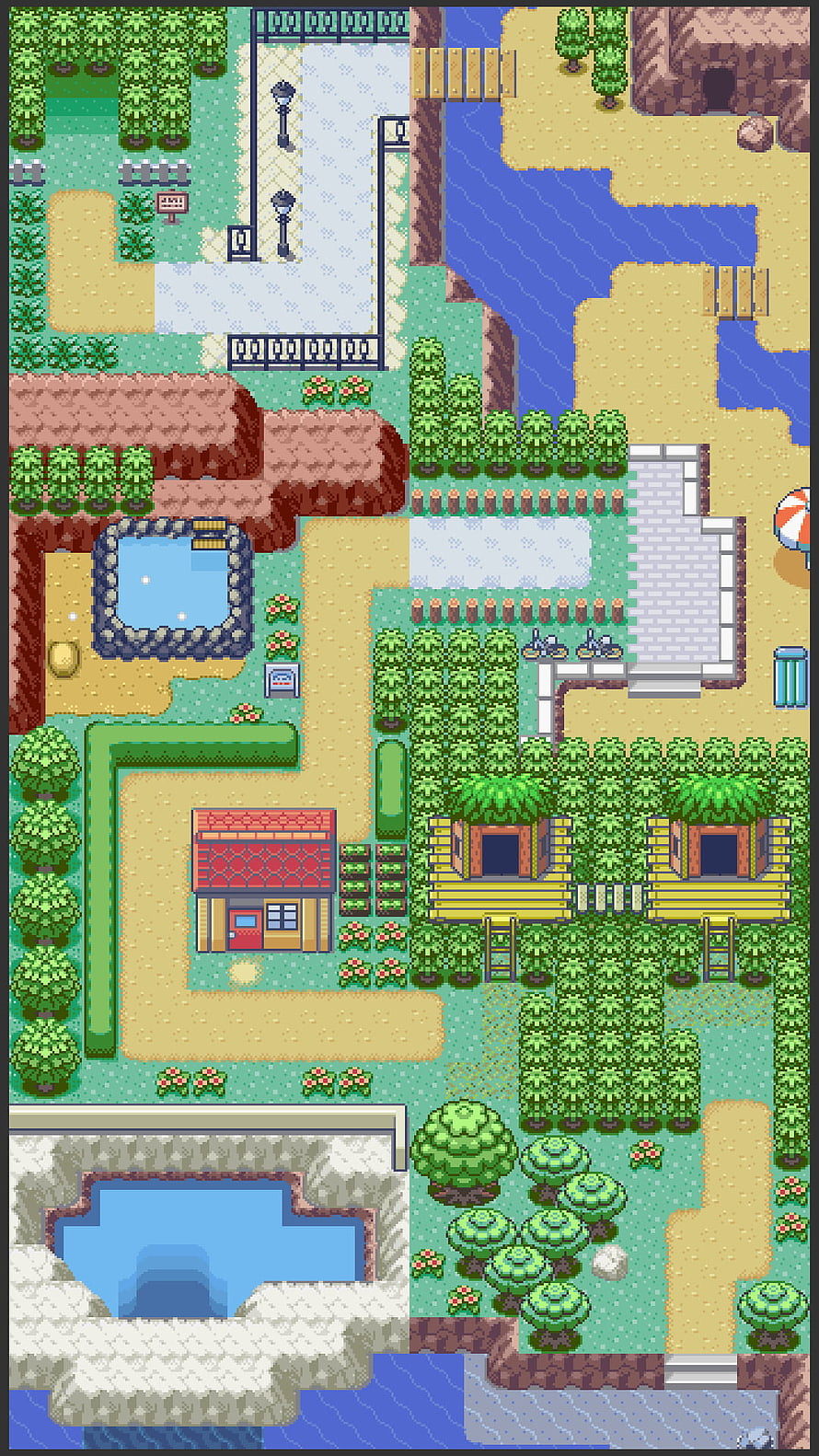Pixel Art Park Map Featuring Trees, Paths, Ponds, and Small Buildings HD phone wallpaper