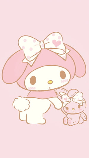 My Melody and a small bunny plushie in a soft pastel pink Sanrio illustration HD phone wallpaper