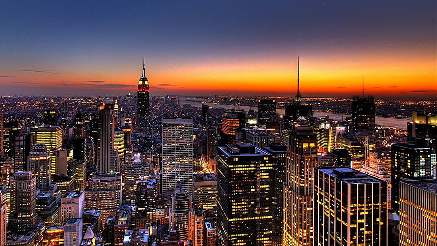 New York City Skyline at Dusk with Empire State Building and Manhattan Lights HD wallpaper