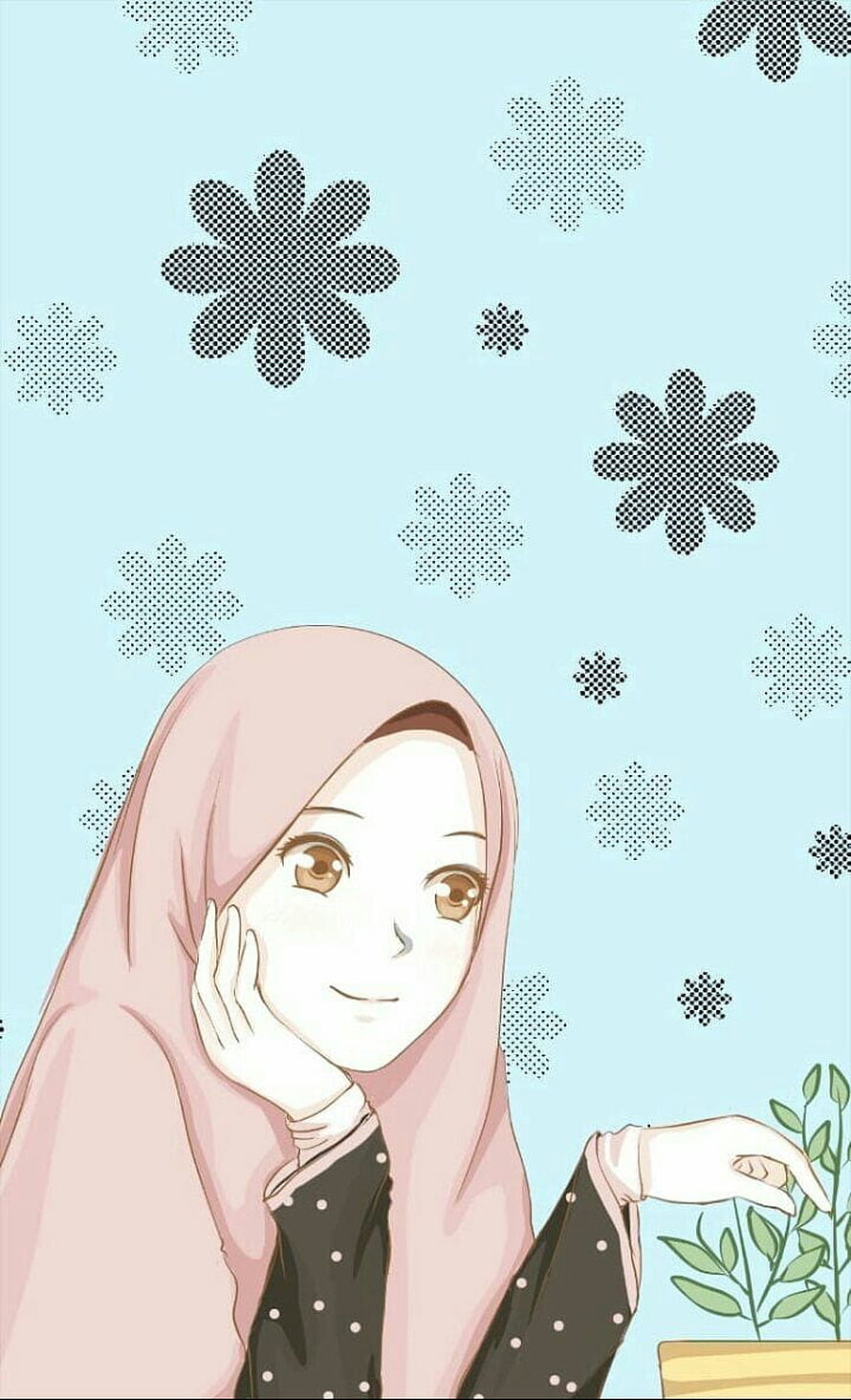Anime Muslimah Girl Wearing Pink Hijab Tending to Potted Plant HD phone wallpaper