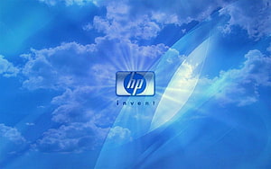 HP Invent Logo on Blue Sky with Clouds and Light Rays HD wallpaper