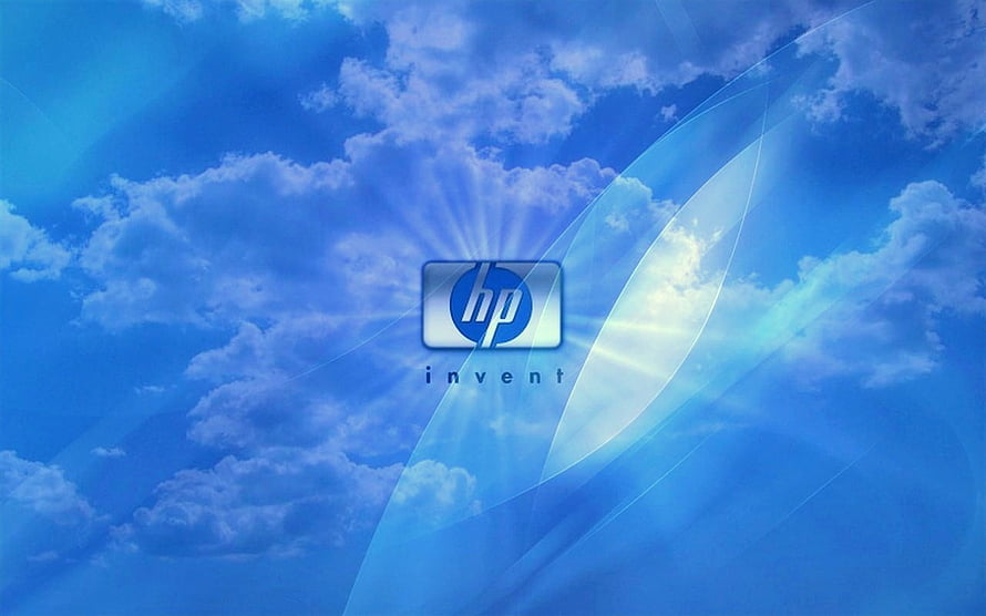 HP Invent Logo on Blue Sky with Clouds and Light Rays HD wallpaper