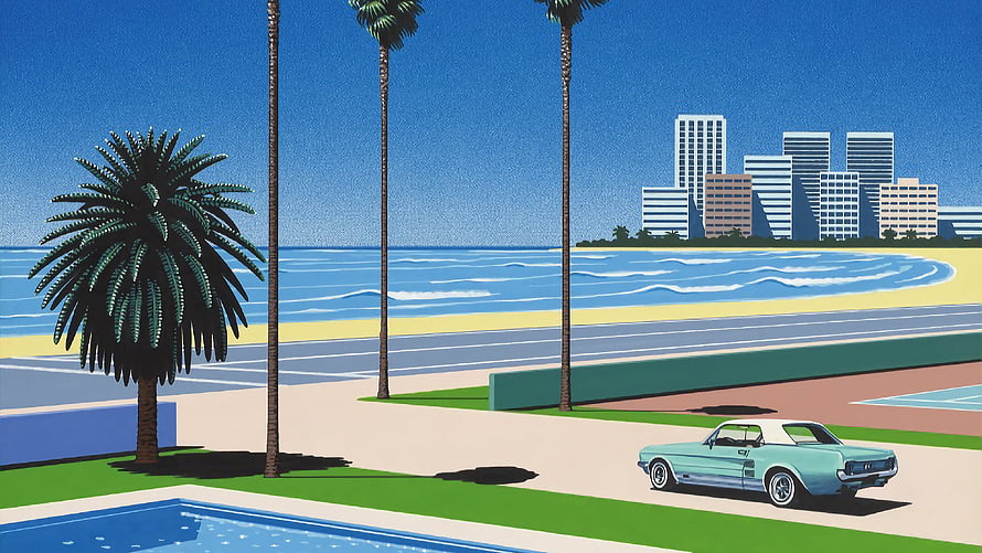 Retro 1960s Miami Beach Scene With Classic Convertible Car And Palm Trees HD wallpaper