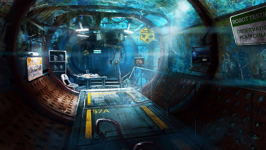 Atmospheric Sci-Fi Interior Concept Art Featuring Rusty Corridor, Blue Lighting, and Futuristic Technology HD wallpaper