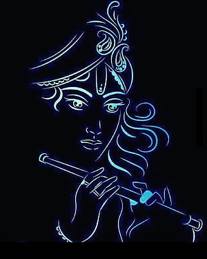 Neon Blue Line Art of Krishna Playing Flute on Black Background HD phone wallpaper