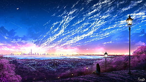 Dreamy Anime Night Sky Over City With Moon, Stars, and Vintage Street Lamps HD wallpaper