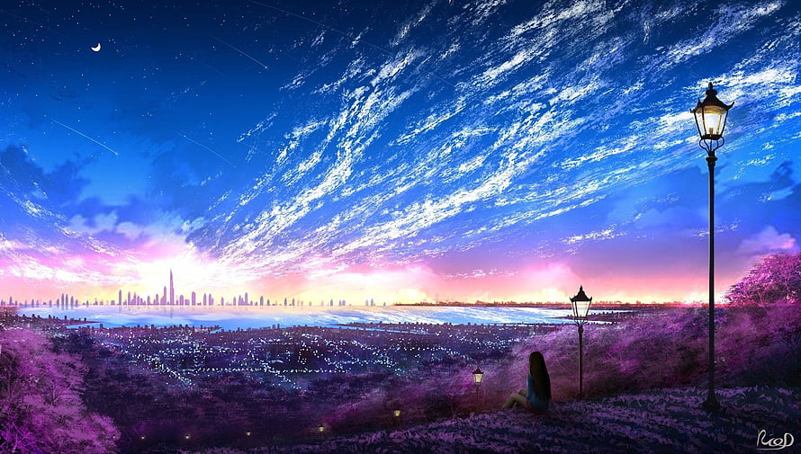 Dreamy Anime Night Sky Over City With Moon, Stars, and Vintage Street Lamps HD wallpaper