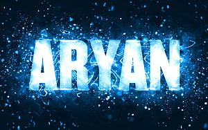 Aryan Name in Glowing Blue Neon with Electric Sparks and Particle Effects HD wallpaper