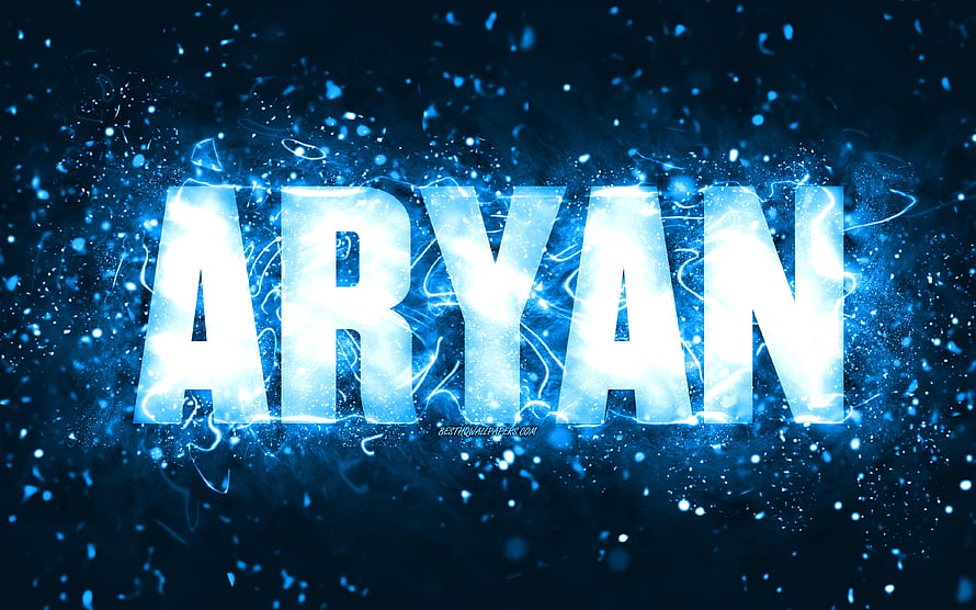 Aryan Name in Glowing Blue Neon with Electric Sparks and Particle Effects HD wallpaper