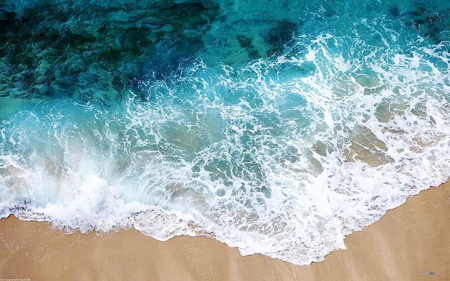 Aerial View of Turquoise Ocean Waves Crashing on Sandy Beach HD wallpaper