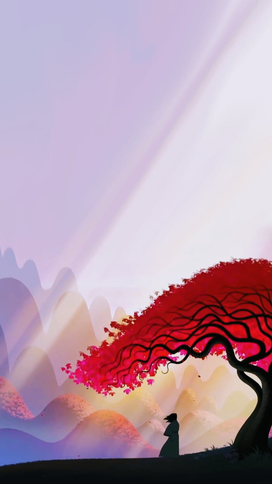 Samurai Jack Silhouette Under Vibrant Red Tree in Dreamy Landscape HD phone wallpaper