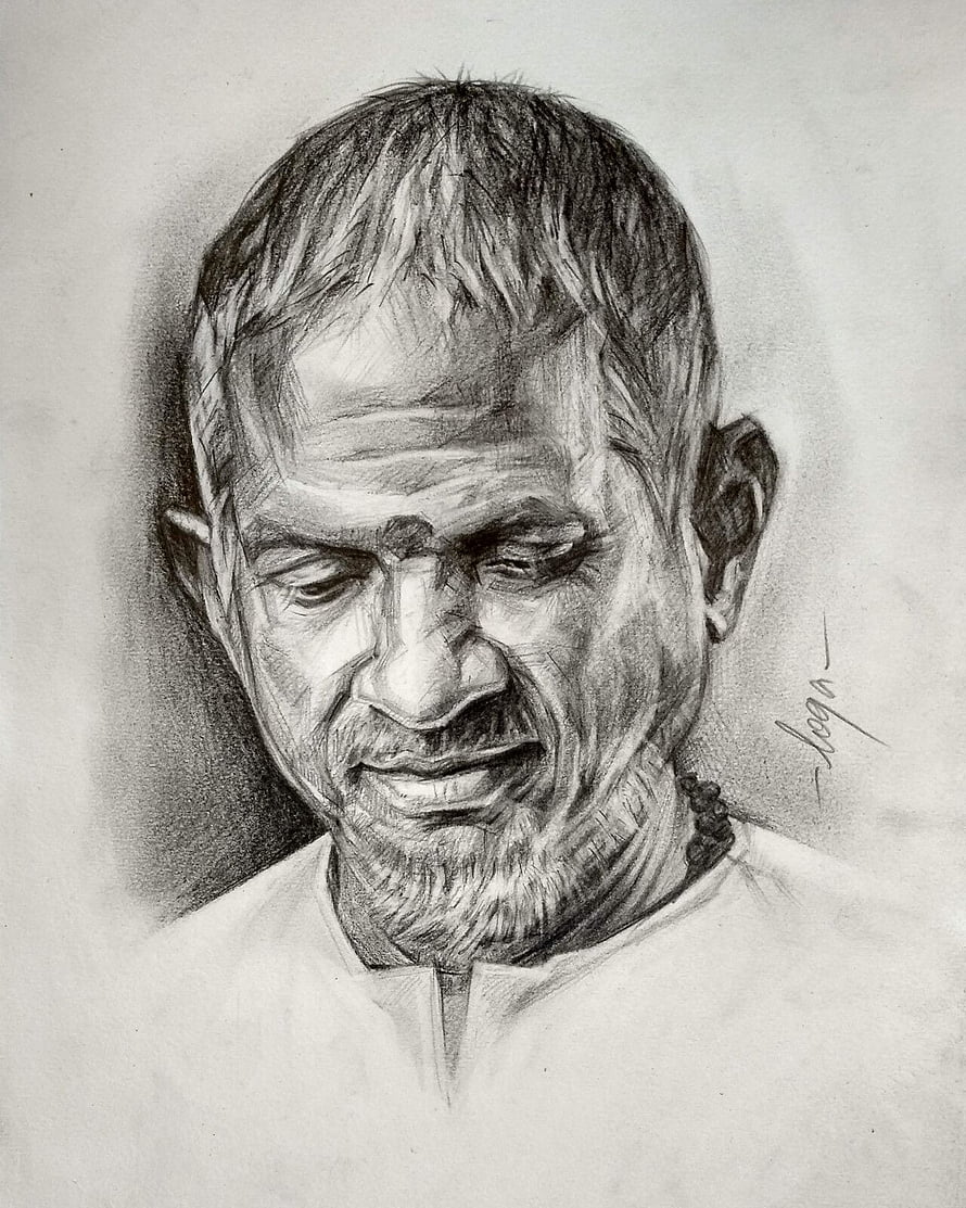 Realistic Pencil Portrait of Ilayaraja in Traditional Attire HD phone wallpaper