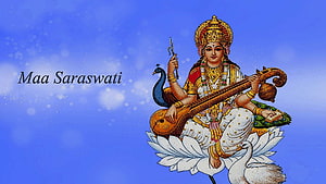 Maa Saraswati Playing Veena on Lotus with Peacock and Swan HD wallpaper